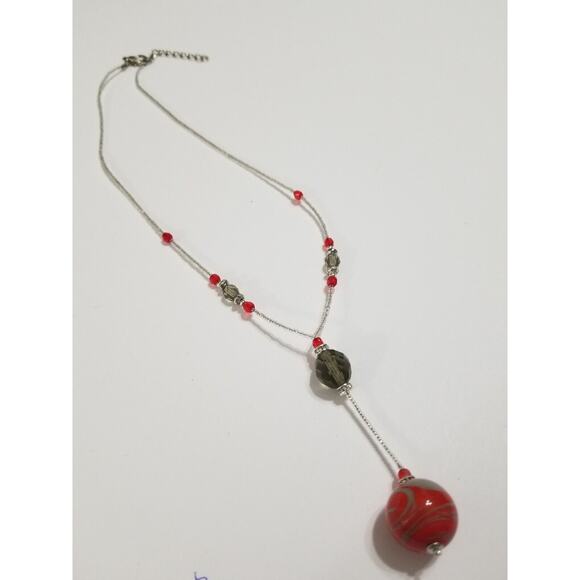 Red beaded seventeen inch silvertone necklace with 2" ex. and 2" drope b94* - Picture 1 of 6
